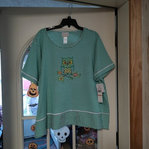 New Alfred Dunner Jade White Striped Short Sleeve Owl Top Women's 3XNew with - Picture 1 of 2